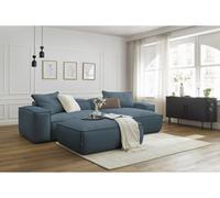 Canapé d'angle réversible ultra moelleux BOHEME velours côtelé avec pouf bleu réversible BOBOCHIC 3 places Réversible Bleu