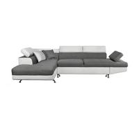 Canapé d'angle RIO Convertible avec coffre en tissu et simili - Angle Gauche, Blanc et gris