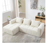 Canapé d'angle Sectionnel 3 places-chenille Beige-L250xP158 xH60cm-siège inclinable et accoudoirs, 3 oreillers, poches latérales