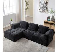 Canapé d'angle Sectionnel 3 places-chenille noir-L250xP158 xH60cm-siège inclinable et accoudoirs, 3 oreillers, poches latérales