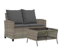 Canapé de jardin 2 places coussins et table gris résine tressée