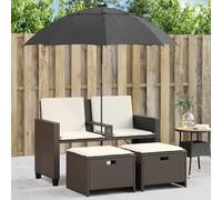 Canapé de jardin 2 places en polyrotin marron avec parasol et 2 tabourets, pliable, pour terrasse, balcon et jardin, ensemble de salon d'extérieur robuste