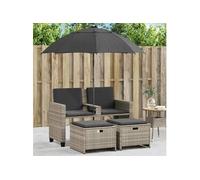 vidaXL Canapé de jardin 2 places 365888 - Parasol et tabourets - Gris clair rotin