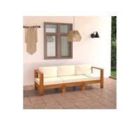 Canapé de jardin 3 places et coussins blanc crème Bois d acacia