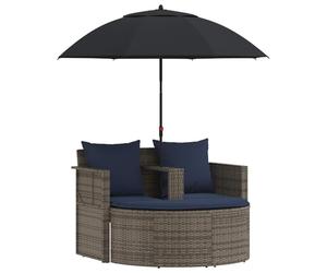 Canapé de jardin 8 unités rotin synthétique gris et bleu marine | Polyrotin résistant aux UV, coussins en polyester, parasol inclinable, banc, tabouret semi-circulaire, 3 coussins de siège, 2