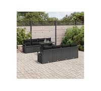 Canapé De Jardin 9 Pièces Avec Coussins Noir Poly Rattan, Canapé De Jardin 2 Places Avec Coussins Noir Poly Rattan