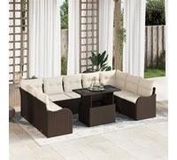 Canapé de jardin de 10 pièces avec coussins marron poly rattan, Canapé de jardin 2 places avec coussins marron poly rattan 3348524