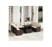 Canapé de jardin de 10 pièces avec coussins marron poly rattan, Canapé de jardin 2 places avec coussins marron poly rattan 3348524