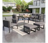 Canapé de Jardin Demi-Lune pour 8 Personnes Structure Fer Robuste Avec Coussins Gris Inclut Table Verre + 1 Fauteuil + 2 Tabourets