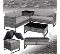 Canapé de jardin - TECTAKE - Salon d'extérieur OSTUNI en rotin 4 places avec table et coffre de rangement - Gris
