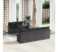 Canapé de jardin modulaire avec coussin 8 pièces, ensemble de meubles de jardin en rotin synthétique noir, trois fauteuils sans accoudoirs, quatre canapés avec accoudoirs et table en verre