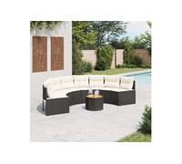 Canapé de jardin table coussins demi rond noir résine tressée