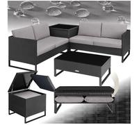 Canapé de jardin - TECTAKE - Salon d'extérieur OSTUNI en rotin 4 places avec table et coffre de rangement - Noir
