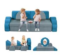 Canapé de Jeu pour Enfants, canapé-lit en Blocs de Construction Souples en Mousse, Module Multifonctionnel de 10 pièces, Construction créative pour Enfants, canapé Jouet modulaire, Gris&Bleu