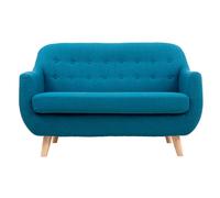 Canapé scandinave déhoussable 2 places en tissu bleu canard et bois clair YNOK