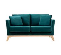 Canapé scandinave déhoussable 2 places en tissu velours bleu pétrole et bois clair OSLO