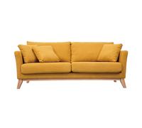 Canapé scandinave déhoussable 3 places en tissu effet velours jaune moutarde et bois clair OSLO