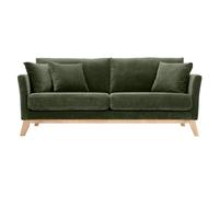 Canapé scandinave déhoussable 3 places en tissu effet velours vert kaki et bois clair OSLO