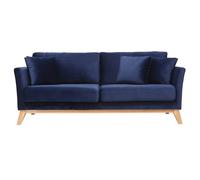 Canapé scandinave déhoussable 3 places en tissu velours bleu nuit et bois clair OSLO