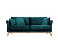 Canapé déhoussable 3 places en tissu velours bleu pétrole et bois clair oslo