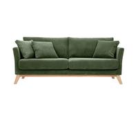 Canapé scandinave déhoussable 3 places en tissu velours côtelé vert kaki et bois clair OSLO