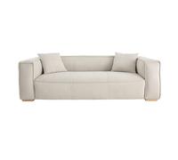 Canapé design 3 places en tissu effet velours beige naturel et bois clair COBAIN