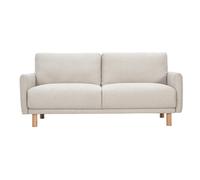 Canapé design 3 places en tissu effet velours texturé beige et bois clair BONO