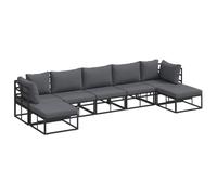Canapé d'extérieur modulable avec table en alu noir, coussins amovibles gris, solide et résistant aux intempéries. Ça comprend 2 sièges d'angle et 3 poufs centraux. Idéal pour le jardin ou le patio.
