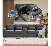 Canapé droit 4/5 places moderne en lin avec console,2 porte-boissons,2 prises USB,avec poches accoudoirs et 4 coussins, pour salon