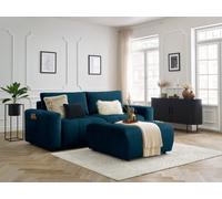 Canapé droit convertible coffre ARSENE tissu velours avec pouf bleu BOBOCHIC 4 places Bleu
