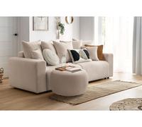 Canapé droit convertible coffre ENVY tissu bouclette doux avec pouf rond beige BOBOCHIC 3 places Beige