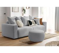 Canapé droit convertible coffre ENVY tissu bouclette doux avec pouf rond gris clair BOBOCHIC 3 places Gris clair