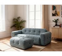 Canapé droit fixe 3 places LAURA tissu chiné avec petit pouf bleu BOBOCHIC Bleu