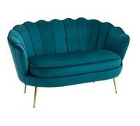 Canapé 2 Places Design Coquillage Pieds Dorés Velours Bleu Canard Bleu