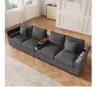 Canapé droite 4 places, 299x80x82,7cm,de chargement USB/USB-C,accoudoir central rabattable,espace de rangement,velours côtelé,gris