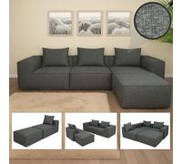 Canapé en L HWC-O54, canapé lounge avec ottomane, modulable à droite/gauche, tissu/textile 63x270x190cm gris foncé
