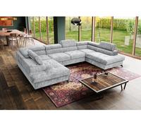 Canapé en U Sorento U 345 cm XXL Canapé d'angle, grand canapé-lit avec coffre de rangement et appuie-tête, tissu : sally 07 - argenté