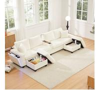 Canapé en Velours Côtelé en Forme de U avec 2 Tabourets, Lampe de Lecture, Plateau Pliant, Porte-gobelet et USB/Type-C, LED, Beige