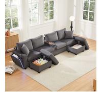 Canapé en Velours Côtelé en Forme de U avec 2 Tabourets, Lampe de Lecture, Plateau Pliant, Porte-gobelet et USB/Type-C, LED, Gris