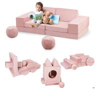 Canapé Enfant Convertible 12 PCS en Mousse-Housses Amovibles et Lavables-Chauffeuse Enfant 2 Places Transformable rose