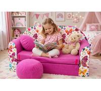 Canapé Enfant Convertible Pliable M33 Rose Papillons avec Pouf et Coussin