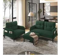Canapé Ensemble 3 pièces en cord Vert émeraude - fauteuil + pouf + canapé 2 places structure acier modulaire pour salon