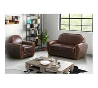 Canapé et fauteuil club BAUDOIN 100% cuir vieilli - Marron