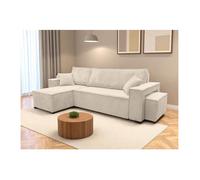 Canapé FARAH d'angle réversible et convertible 4 places avec un pouf en velours côtelé - Beige