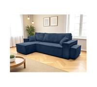 Canapé FARAH d'angle réversible et convertible 4 places avec un pouf en velours côtelé - Bleu foncé