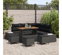 Canapé jardin 9 pièces avec coussins Noir Poly Rattan Acacia, Canapé jardin 2 places avec rangement et coussins Noir Poly Rattan, Ensemble salle à manger jardin 4 pièces avec coussins Noir Poly Rattan