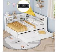 Canapé-lit 140×200 cm, lit gigogne 90×190 cm avec prise USB et multiples rangements, lit en bois massif, lit double, blanc