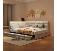 Canapé Lit 140x190 cm avec éclairage LED et Ports USB, Cadre de Lit 140 x 190 avec Deux Grands tiroirs, Lit Enfant,Velours,Beige
