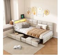 Canapé Lit 140x200 cm avec éclairage LED et Ports USB, Cadre de Lit 140 x 200 avec Deux Grands tiroirs, Lit Enfant,Velours,Beige