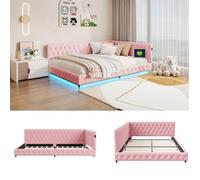 Canapé-lit 140x200 cm avec Lumière LED - Lit capitonné enfant avec Port de USB et Type C - Sommier à Lattes - en Velours Teddy